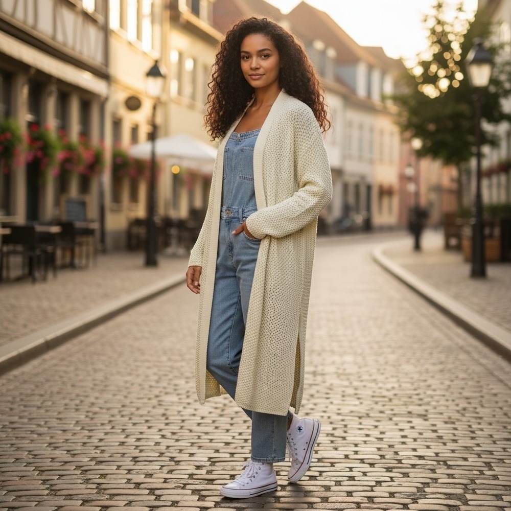 MarlaWynne Duster Cardigan Womens PL Cream Cotton Blend Open Knit Side Slit Boho